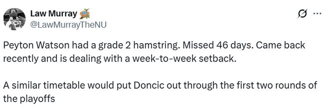 东契奇腿筋二级拉伤或缺席季后赛前两轮