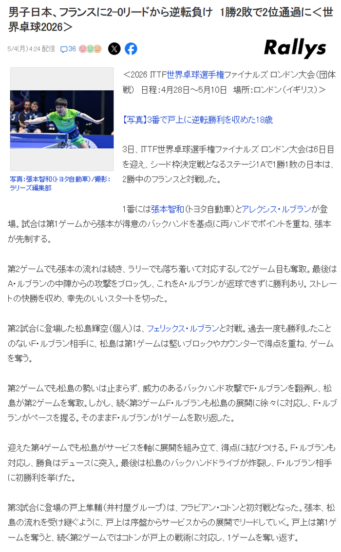 松岛辉空决胜盘崩盘 日本男团小组第二收官